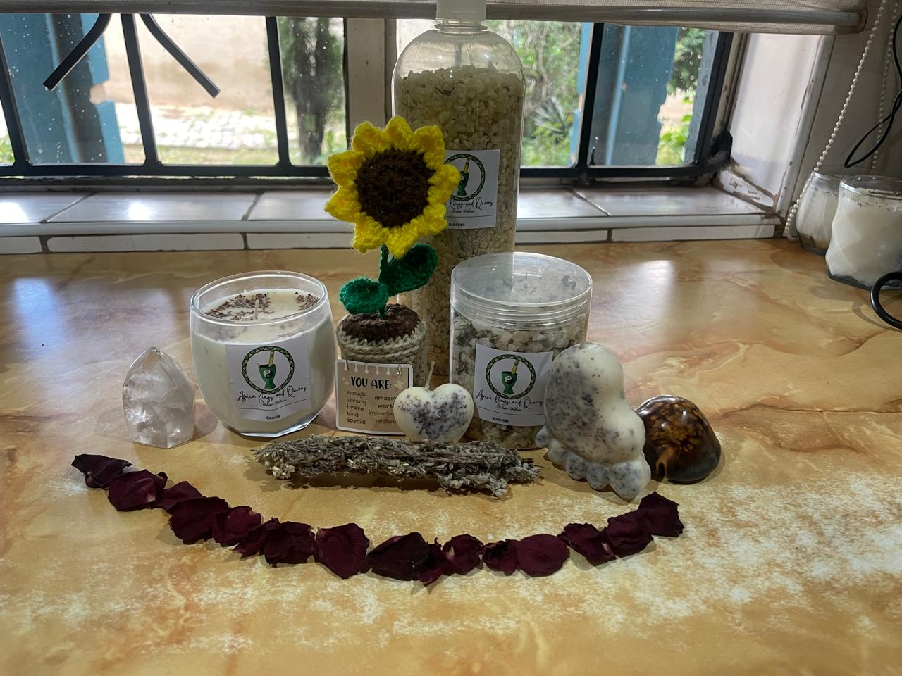 Bath Salt, Crochet Flower, Impepho & Candle Set