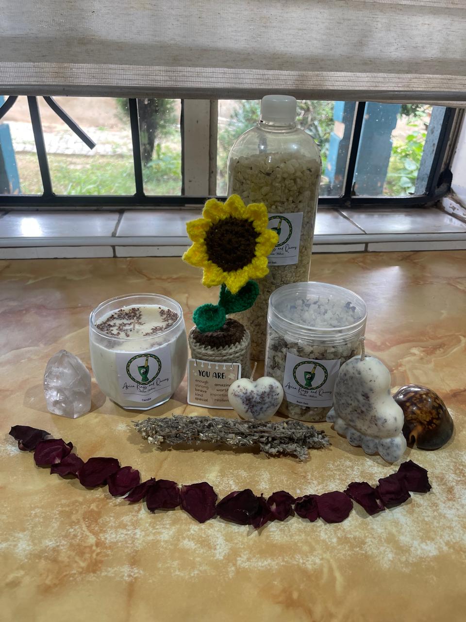 Bath Salt, Crochet Flower, Impepho & Candle Set