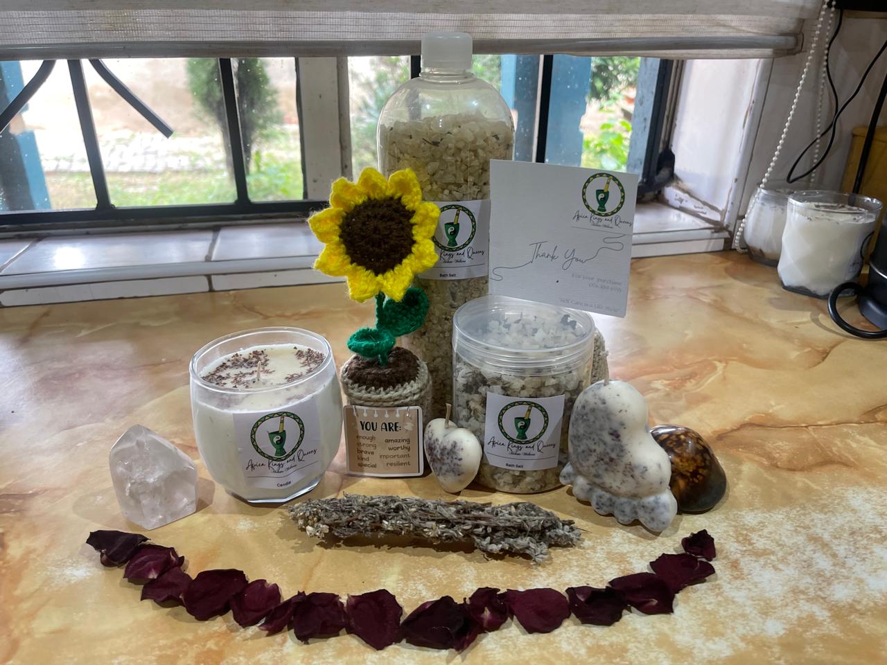 Bath Salt, Crochet Flower, Impepho & Candle Set