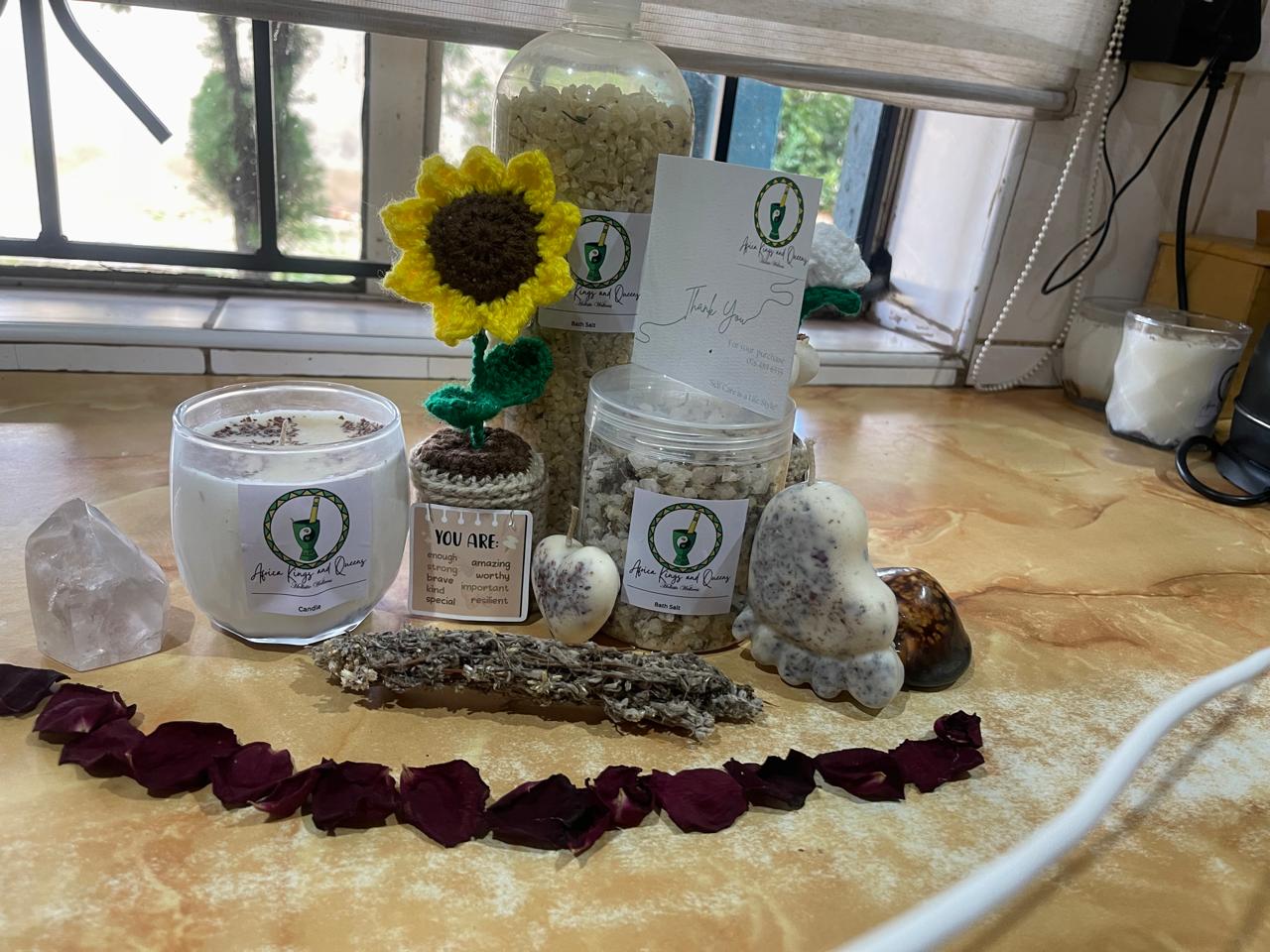 Bath Salt, Crochet Flower, Impepho & Candle Set
